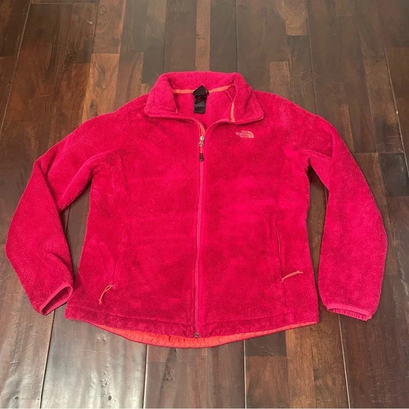 The North Face Jacket Women’s Large Pink Fuzzy Fleece Sweater Logo Osito Coat - Picture 1 of 9